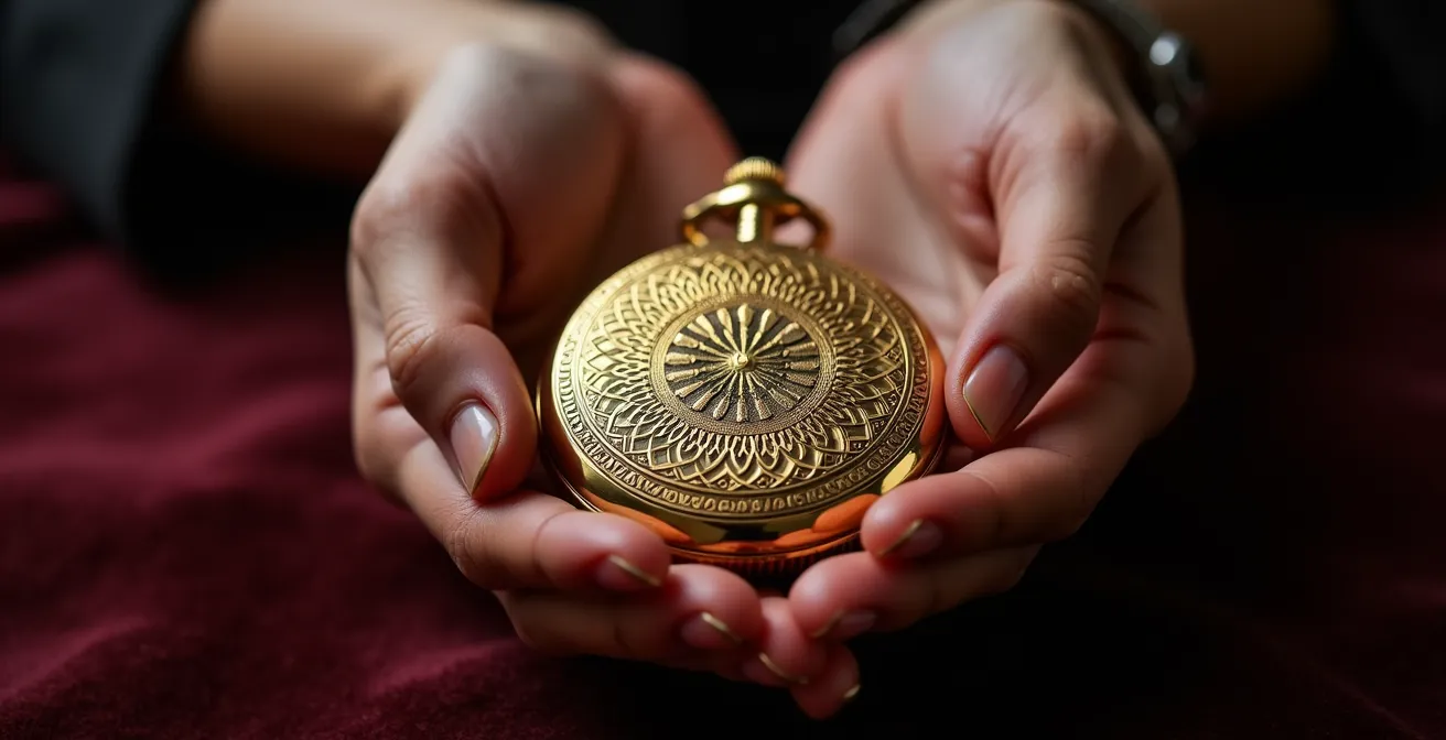 Gros plan artistique sur des mains tenant délicatement un bijou unique aux reflets dorés