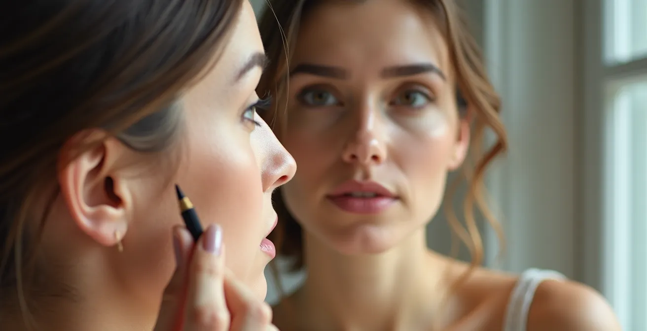 Frau, die mit einem Schminkstift Linien auf ihrem Gesicht anwendet, um Volumenbereiche zu bestimmen