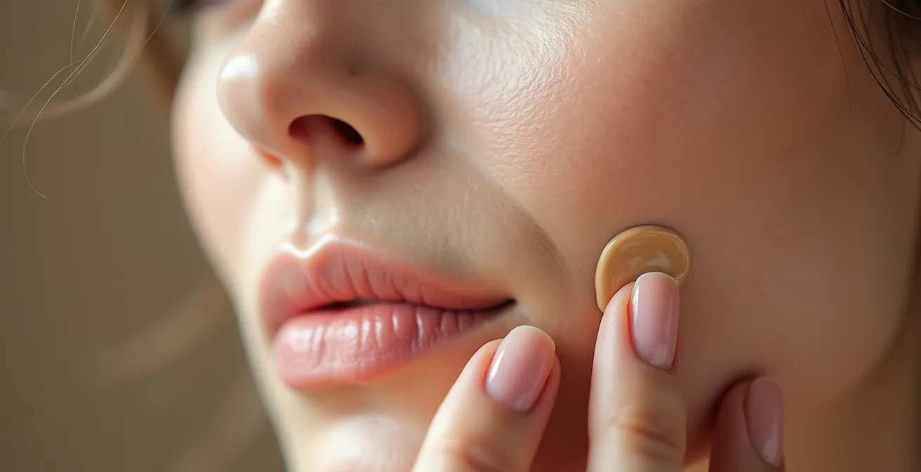 Gros plan sur l'application d'un fond de teint fluide sur peau mature avec technique press and roll