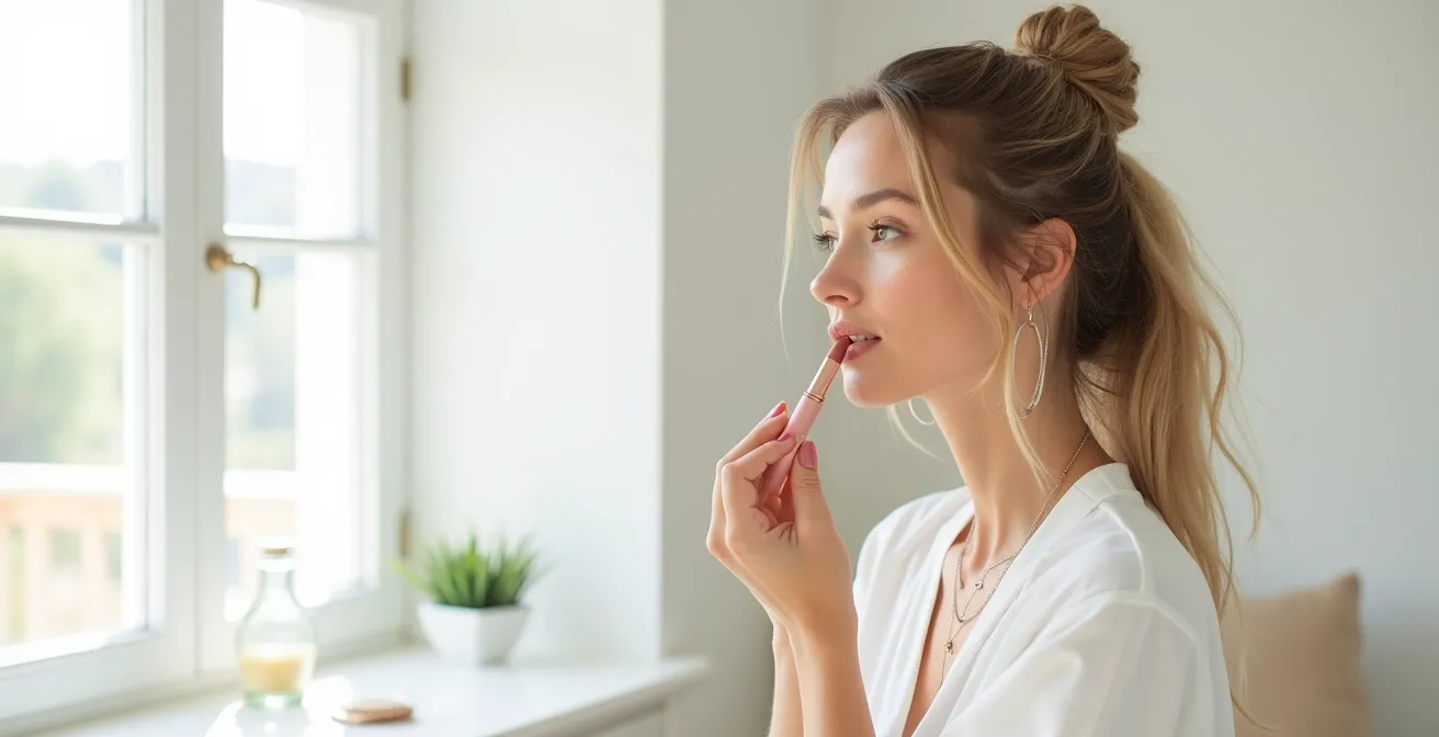 Femme dans un environnement minimaliste appliquant délicatement un rouge mat nude
