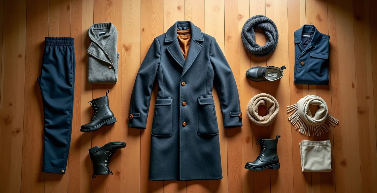 Diagramm eines visuellen Systems zur schnellen Kleiderwahl, bei dem Kleidungsstücke wie in einem Entscheidungsbaum angeordnet sind.