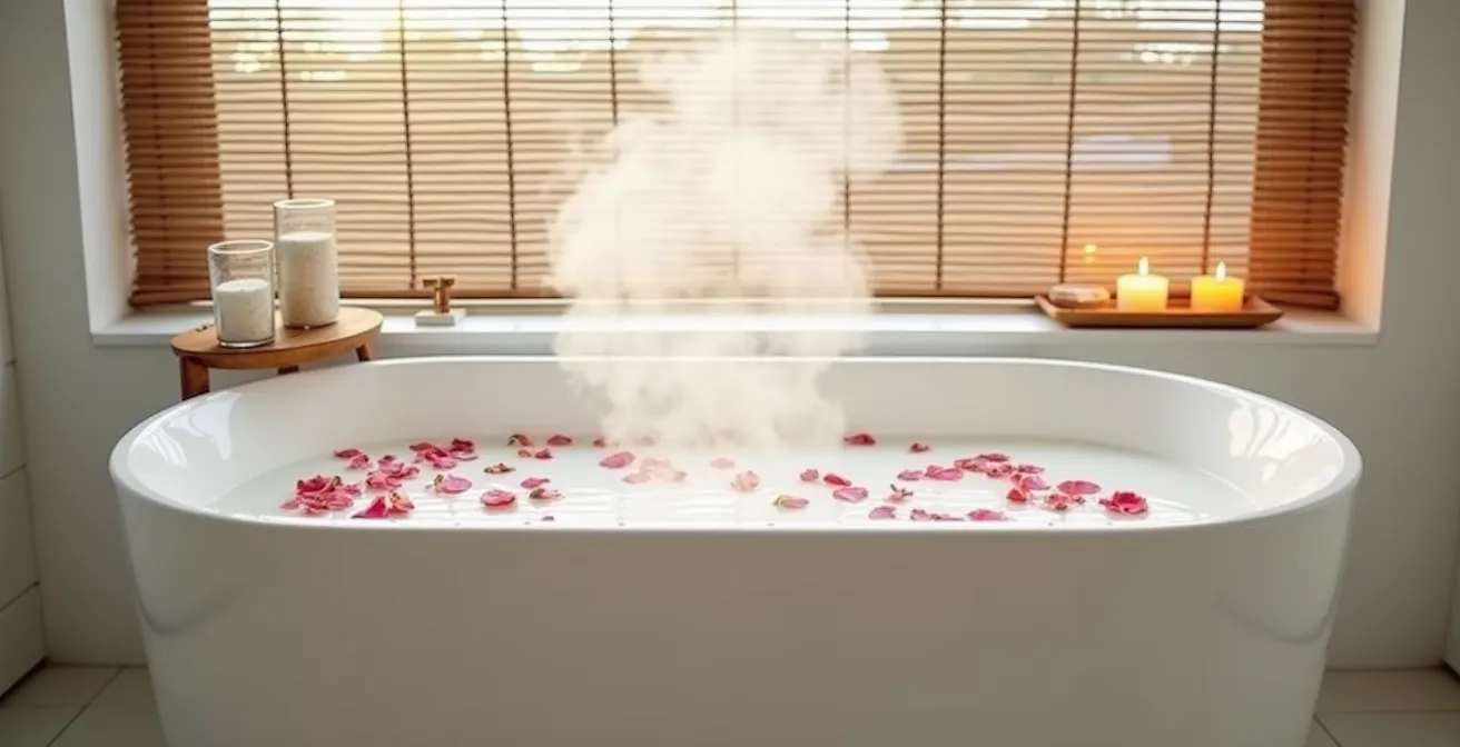 Baignoire remplie d'eau laiteuse avec pétales de fleurs et bougies autour, ambiance spa relaxante