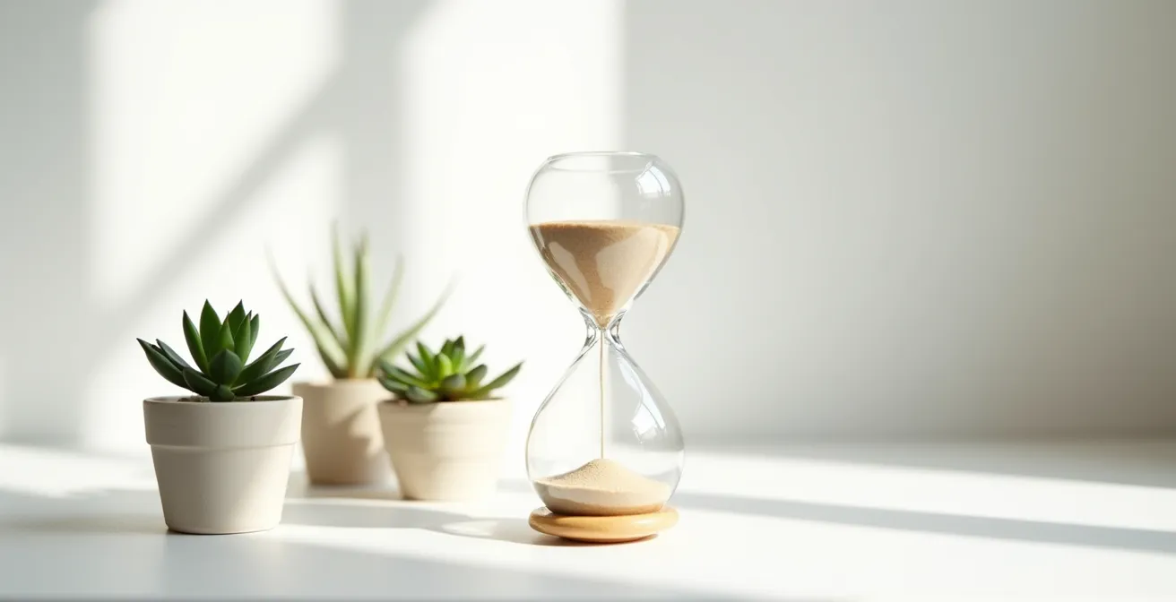 Un sablier élégant entouré de petites plantes, symbolisant le temps nécessaire à la régénération naturelle de la peau.