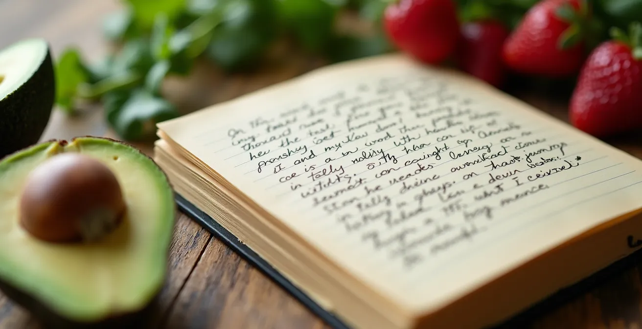 Vue macro d'un carnet de notes ouvert avec des aliments frais autour