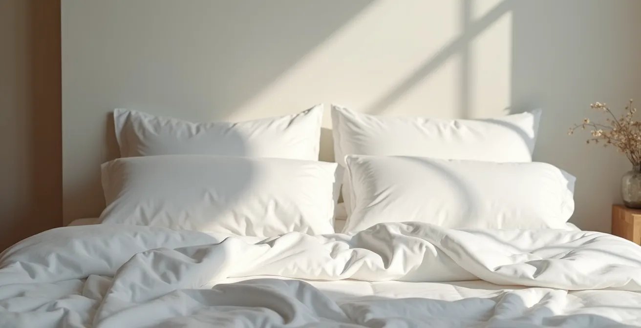 Chambre épurée avec literie blanche et lumière naturelle filtrant par la fenêtre