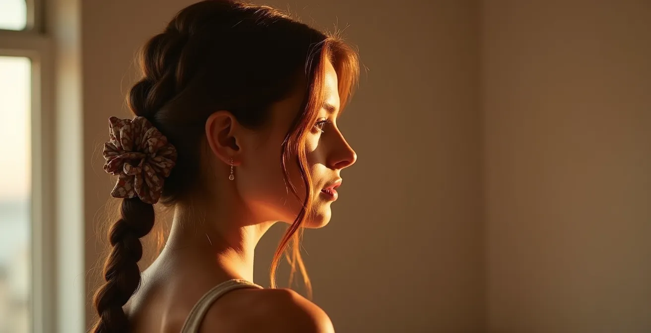 Portrait de profil d'une femme aux cheveux tressés en natte lâche avec élastique en soie