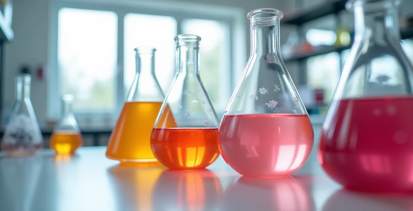 Laboratoire moderne avec éprouvettes contenant des cultures de levures colorées pour la production de collagène végétal