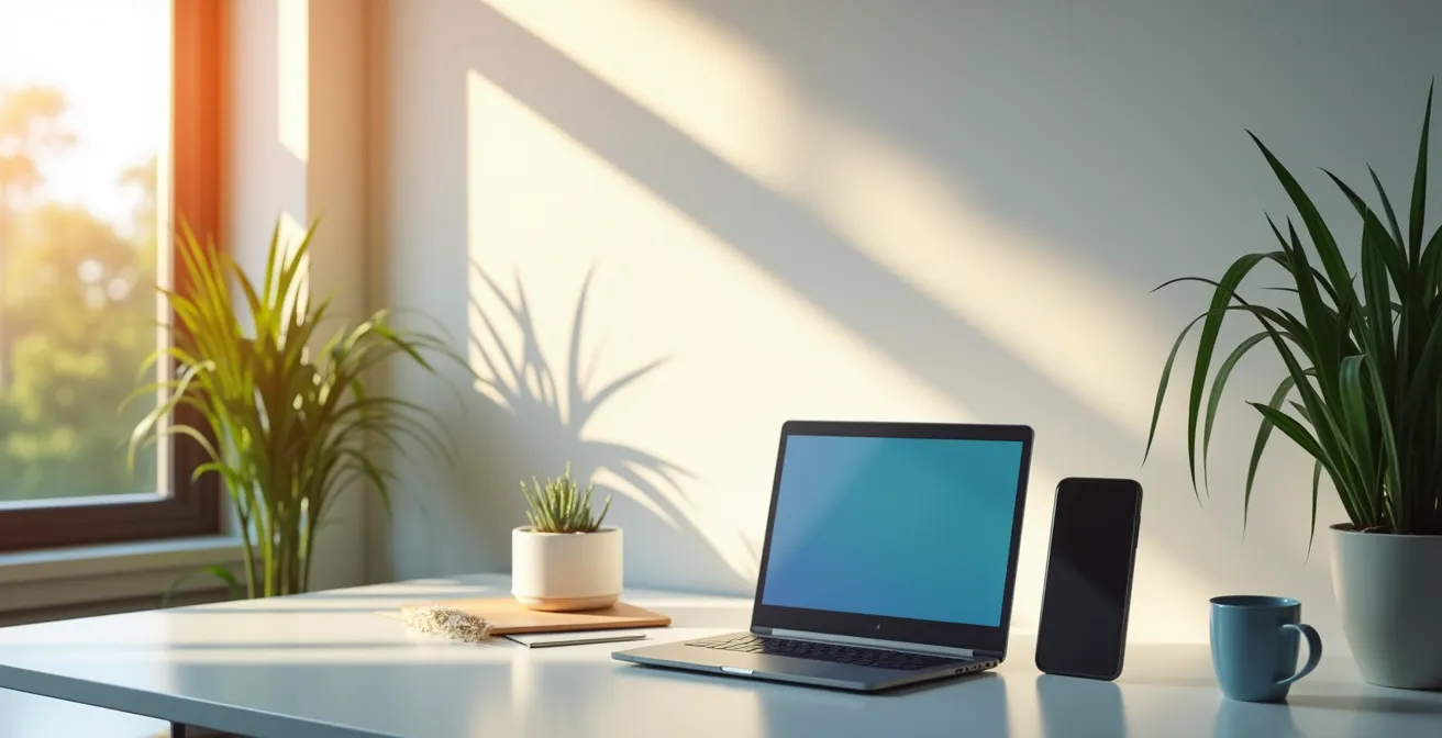 Moderner Büroraum, der das Zusammenspiel von natürlichem Fensterlicht und dem blauen Licht von Bildschirmen zeigt.