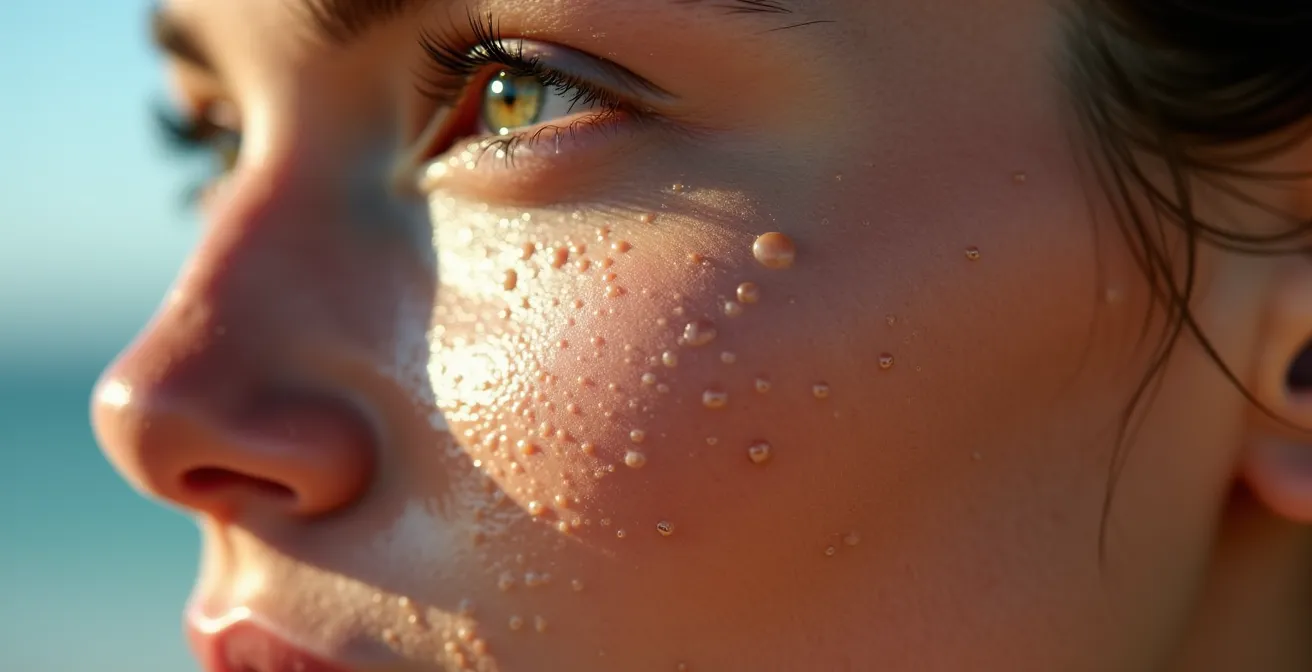 Nahaufnahme eines sportlichen Gesichts, das den Unterschied zwischen mineralischem und chemischem Sonnenschutz auf der Haut zeigt.