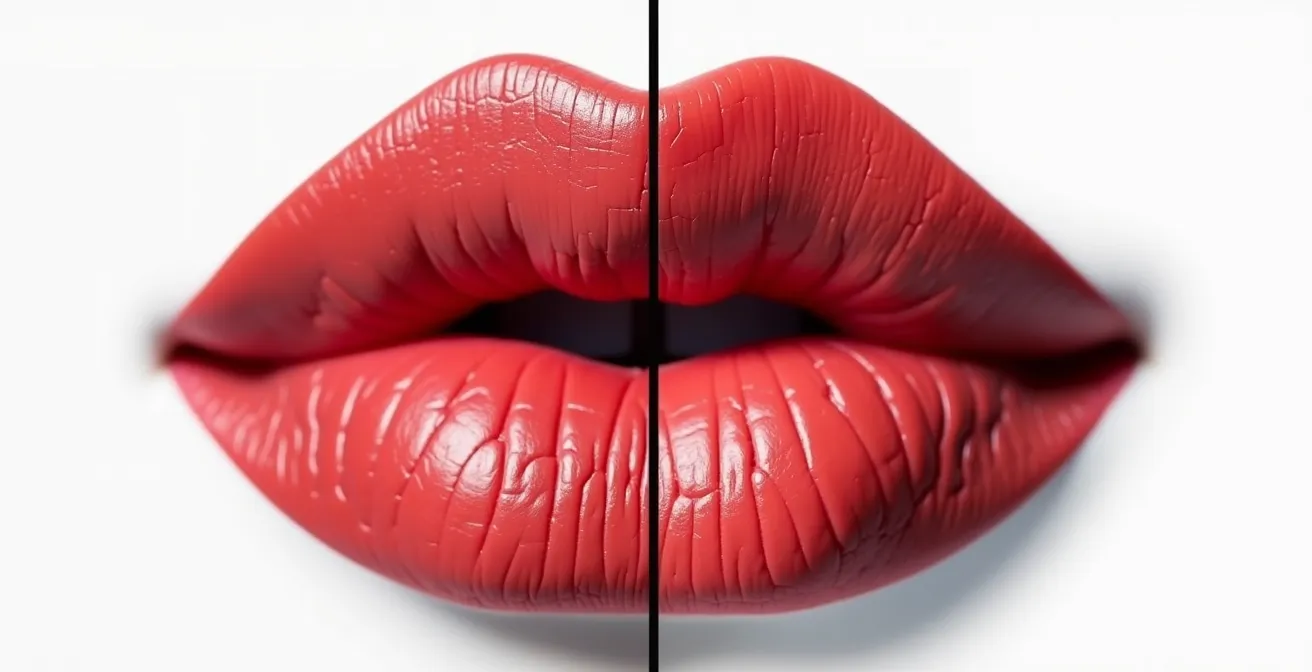 Comparaison côte à côte de lèvres avec et sans hydratation sous rouge à lèvres mat