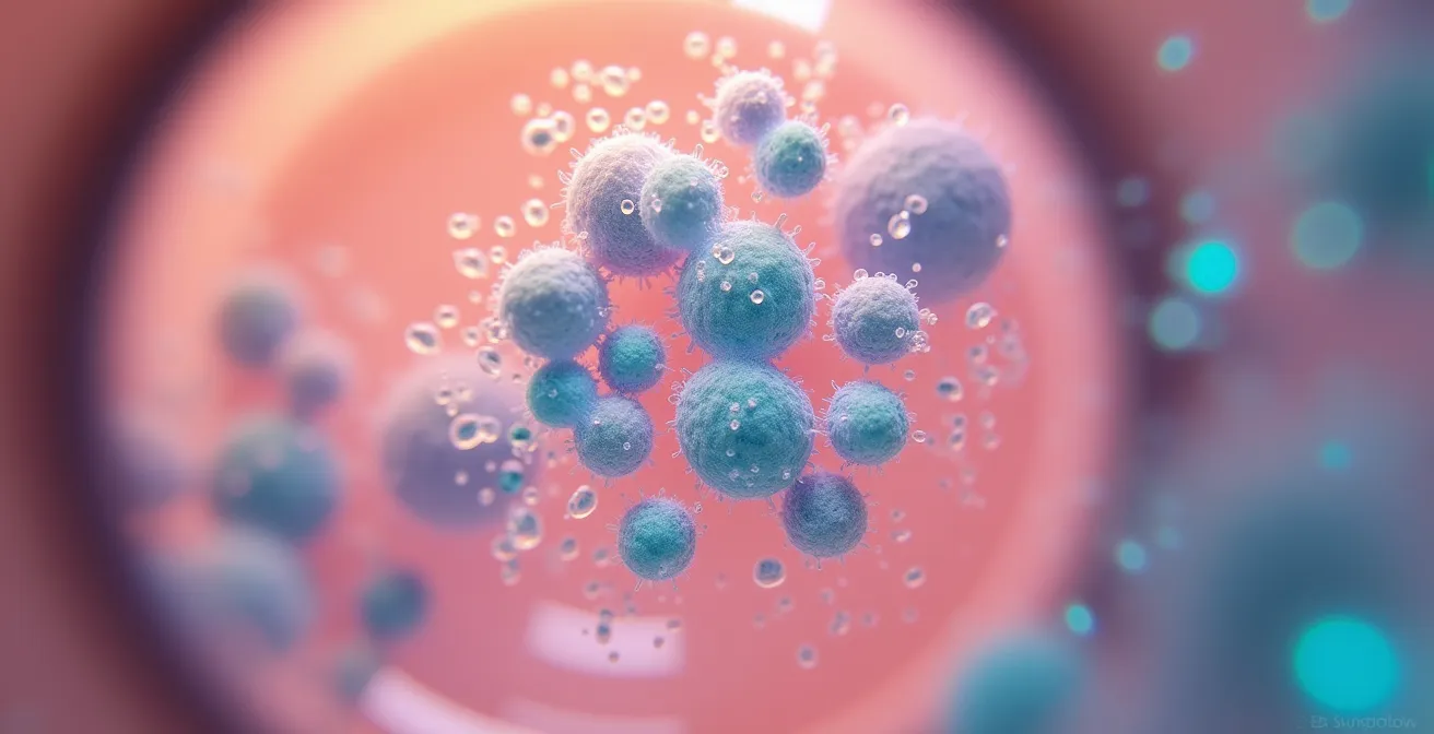 Vue microscopique de bactéries proliférant dans un cosmétique contaminé