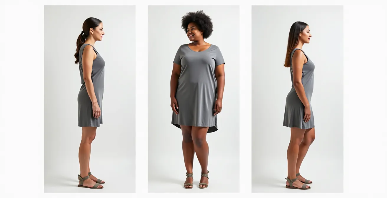 Trois silhouettes féminines de morphologies différentes portant la même robe avec des rendus adaptés