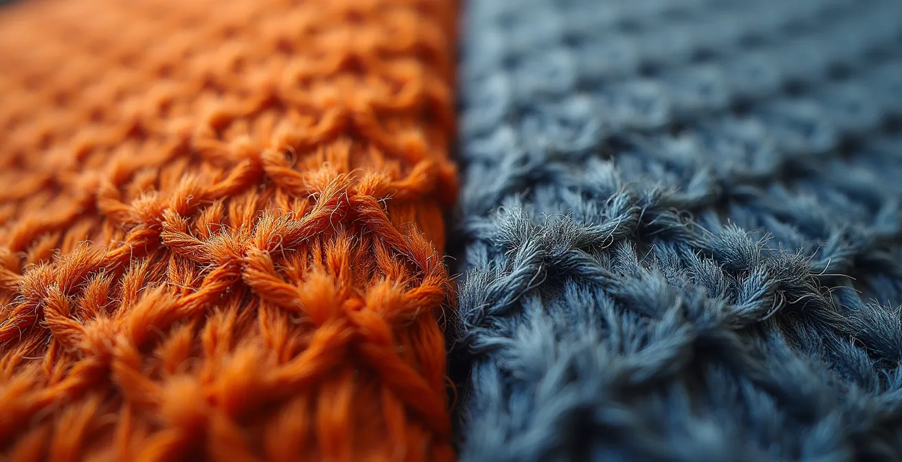 Détail macro montrant la différence de tissage entre un tissu vintage et moderne