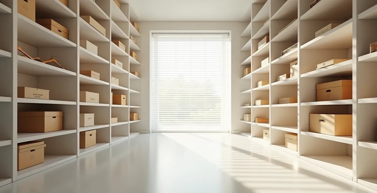 Espace de stockage minimaliste avec boîtes d'archivage et cintres en bois de cèdre