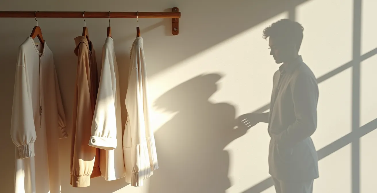 Vue minimaliste d'un dressing épuré avec peu de vêtements de qualité