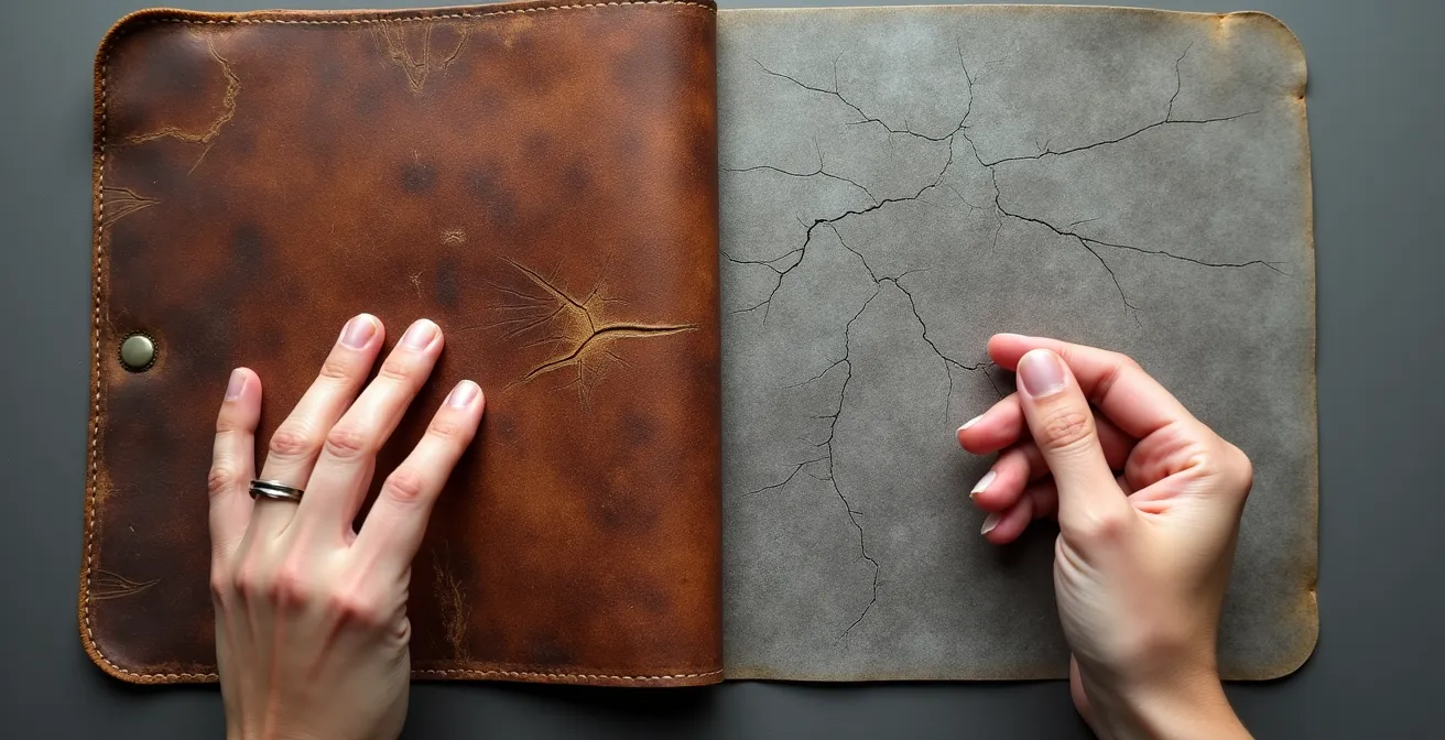 Comparaison visuelle de différentes matières : cuir animal patiné et alternatives végétales