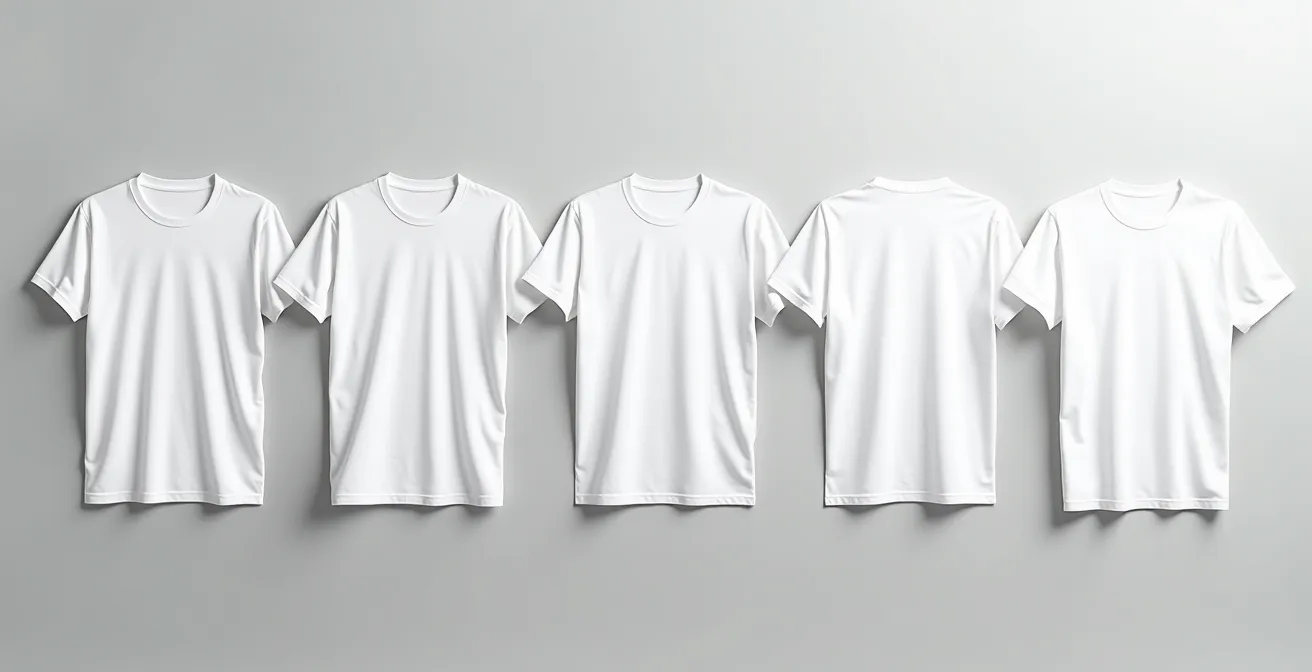 Cinq t-shirts blancs alignés montrant l'évolution de l'usure du neuf au très usé
