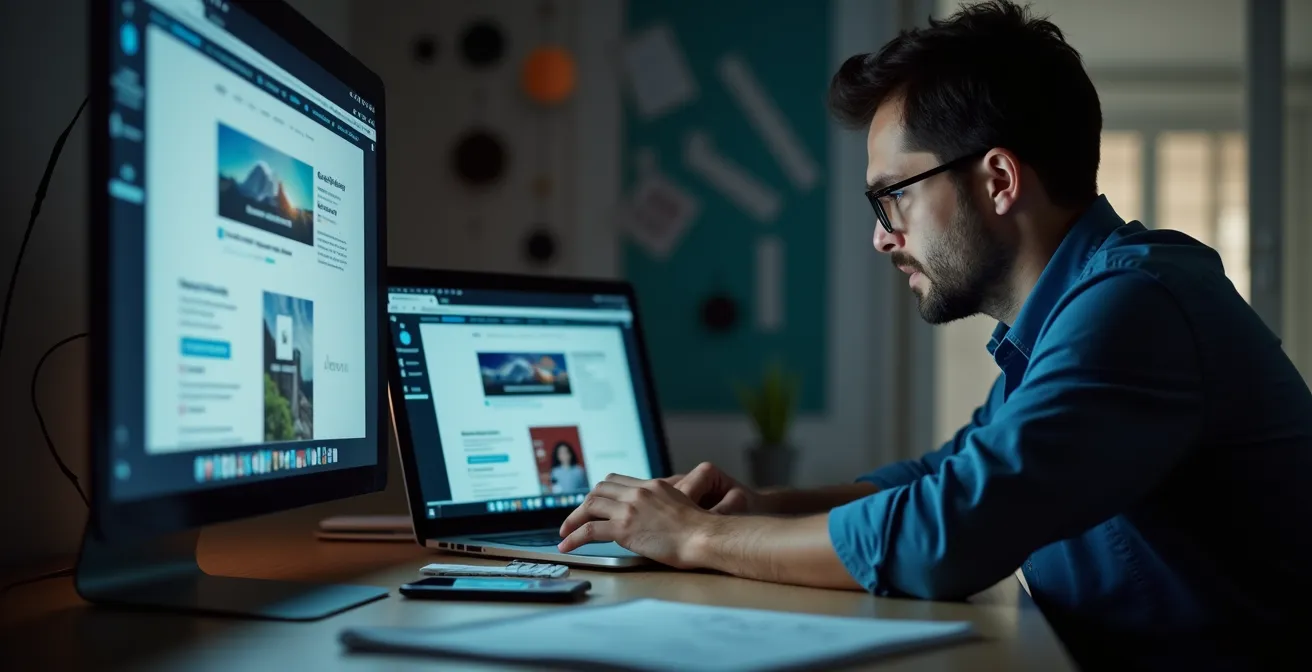 Personne analysant méticuleusement un site web suspect avec loupe métaphorique
