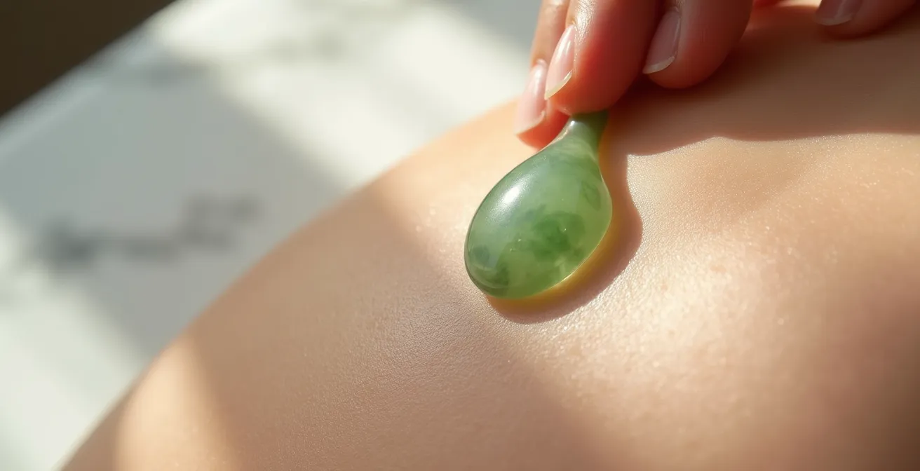 Gua sha en jade sur peau avec technique de drainage lymphatique