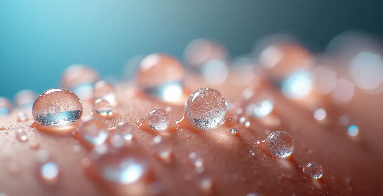 Makroaufnahme, die den Effekt von kalkhaltigem Wasser auf die Hautbarriere mit sichtbaren Mineralkristallen zeigt