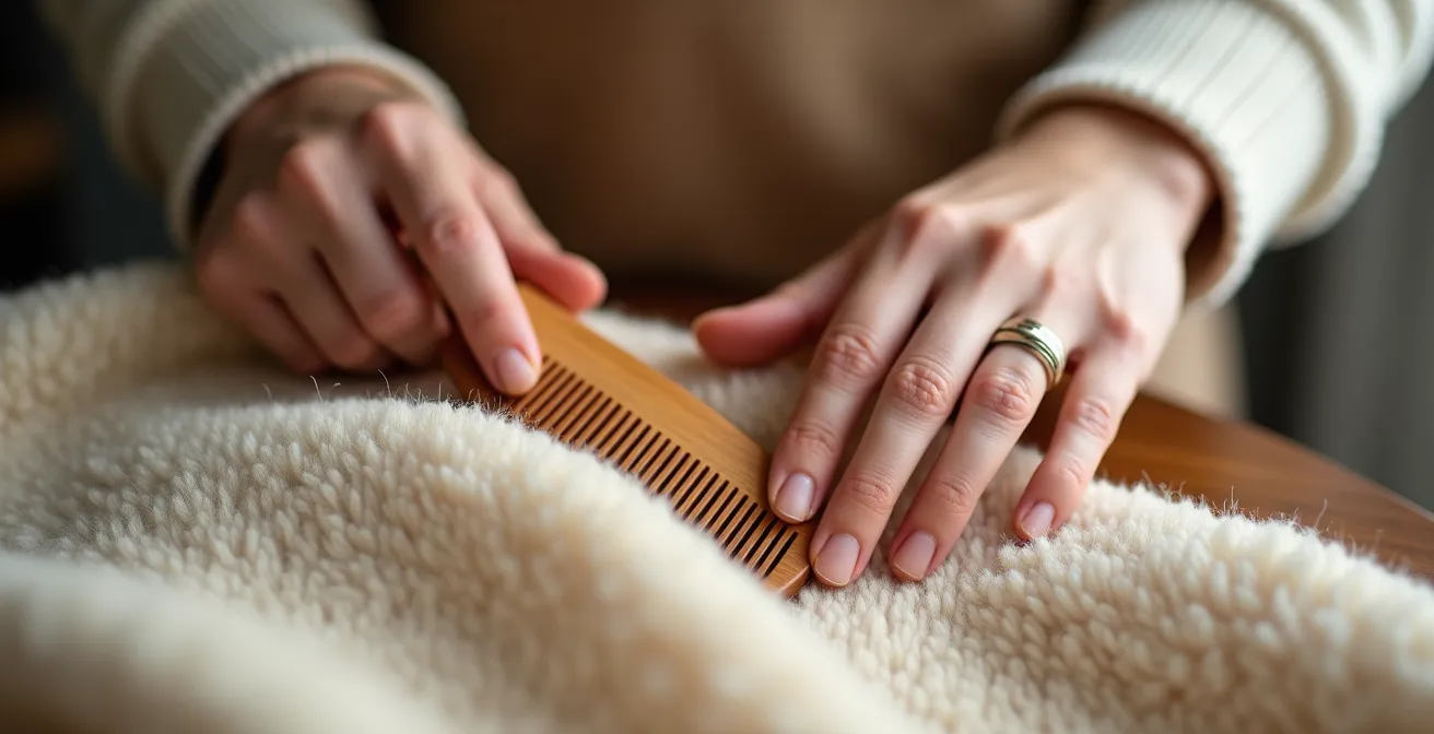 Mains expertes utilisant délicatement un peigne en bois de cèdre sur un pull cachemire beige