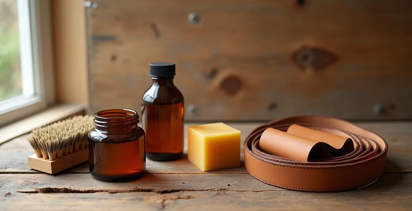 Eine minimalistische Anordnung von natürlichen Lederpflegeprodukten wie Balsam, Bürste und Bienenwachs.