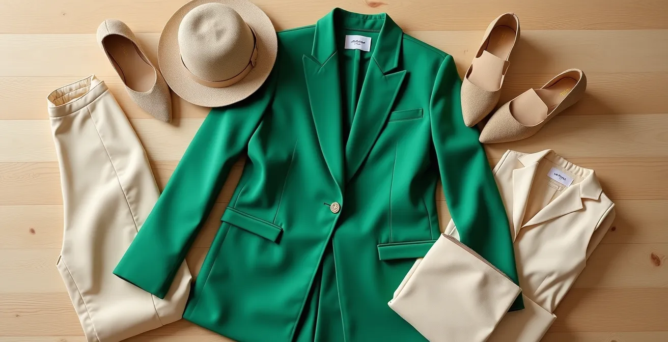 Composition minimaliste montrant l'harmonie entre une pièce colorée et des basiques neutres