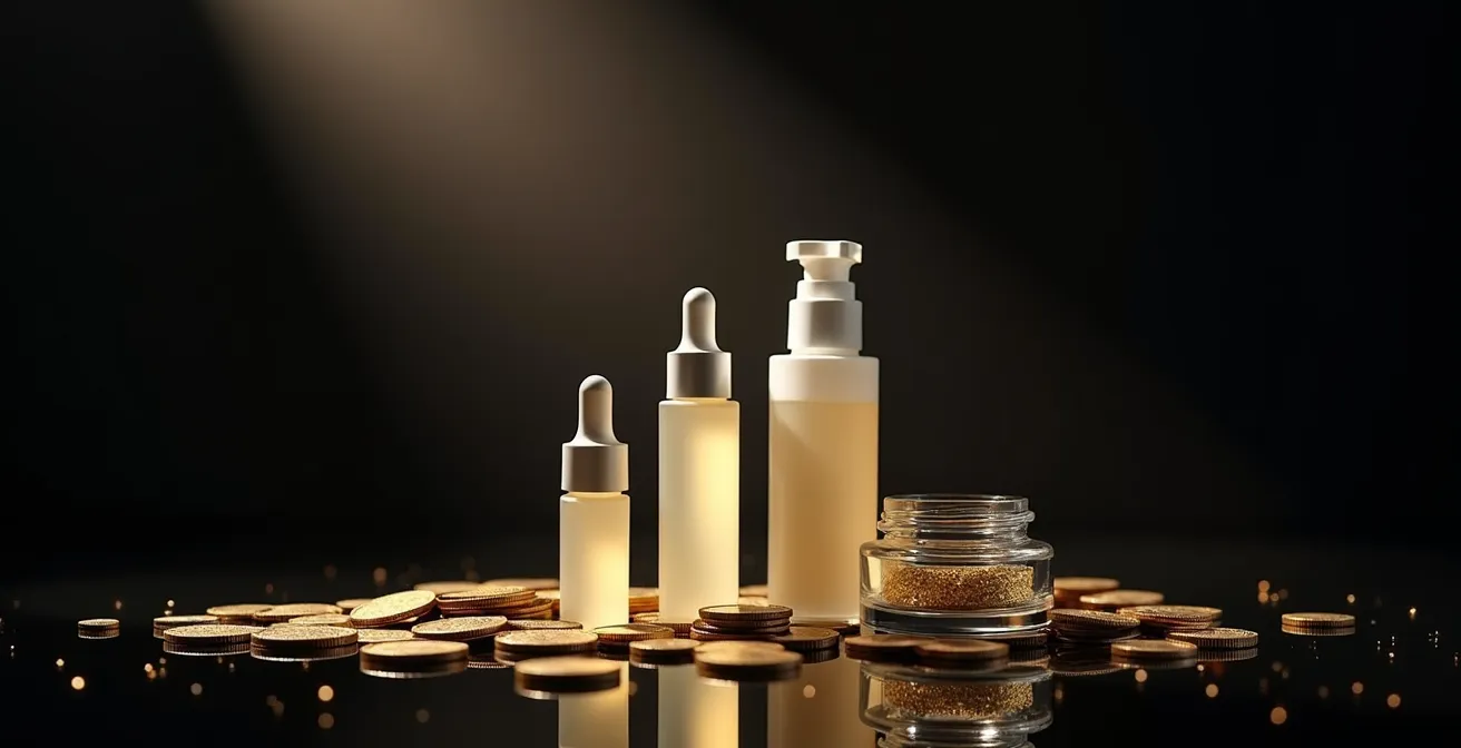 Drei Pflegeflaschen in einer Pyramide angeordnet, die die Hierarchie der Schönheitsinvestitionen darstellen