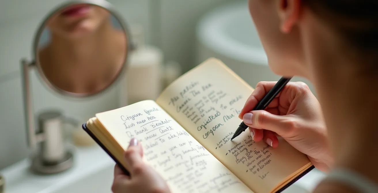 Offenes Notizbuch mit handschriftlichen Notizen und vergleichendem Test auf einem Gesicht zur Bewertung der Wirksamkeit eines Produkts