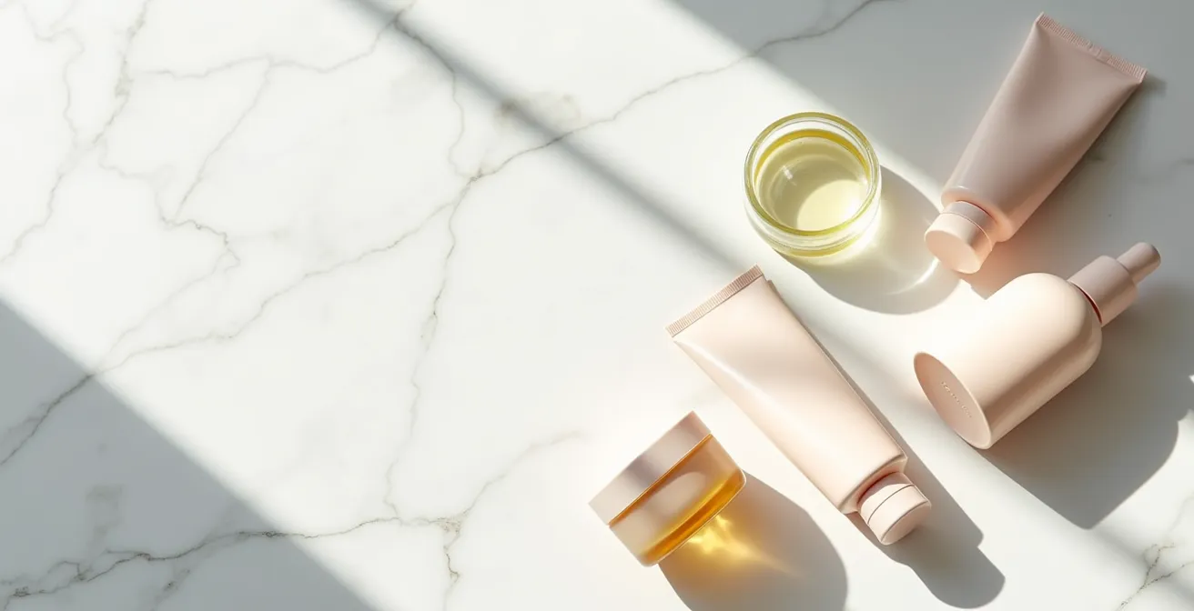 Arrangement minimaliste de produits de soin essentiels pour peau sous traitement isotrétinoïne