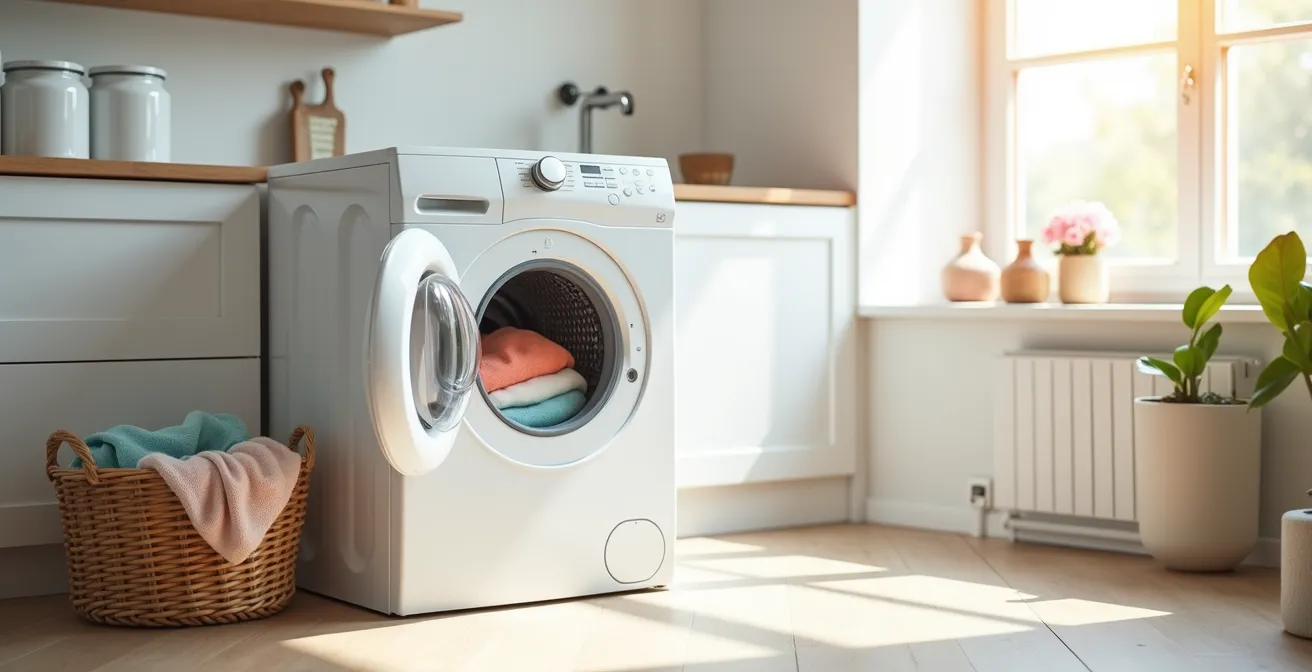 Waschmaschine mit Kleidungsstücken aus Bio-Baumwolle in einem minimalistischen und hellen Ambiente