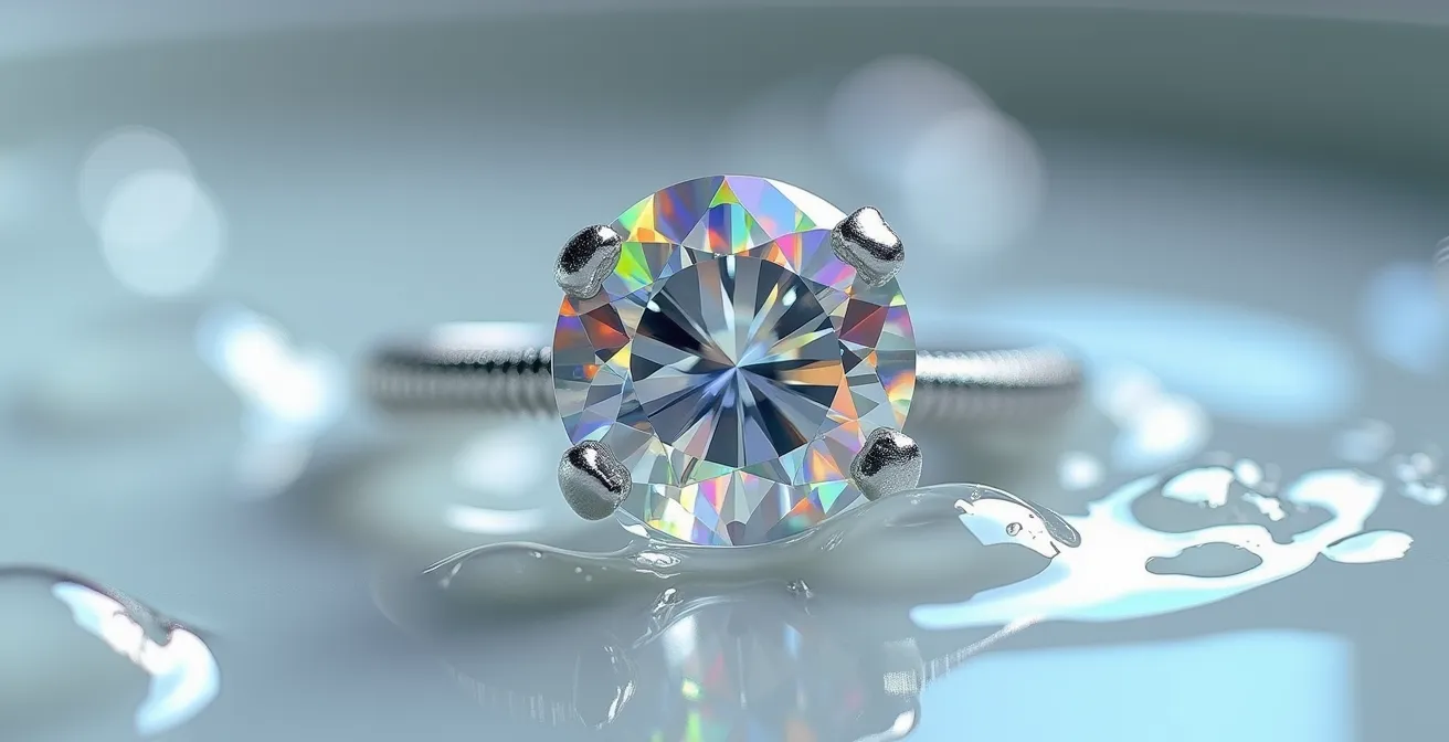 Gros plan macro d'un diamant serti griffe avec des gouttelettes d'eau savonneuse révélant son éclat