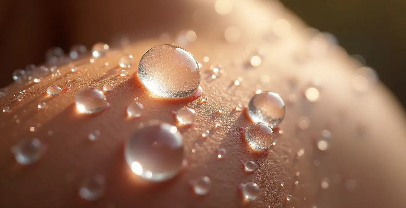 Makroaufnahme von Wassertröpfchen auf der Hauttextur, die die Hautbarriere darstellt
