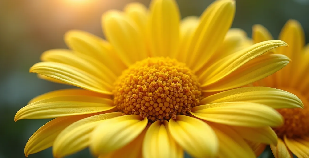 Vue macro détaillée de fleurs d'astéracées montrant la texture du pollen