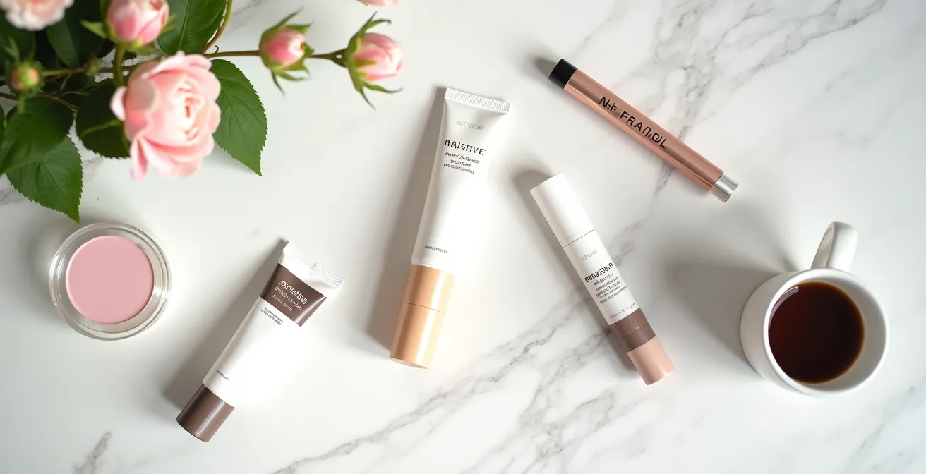 Vue en plongée d'une routine maquillage minimaliste disposée sur une coiffeuse