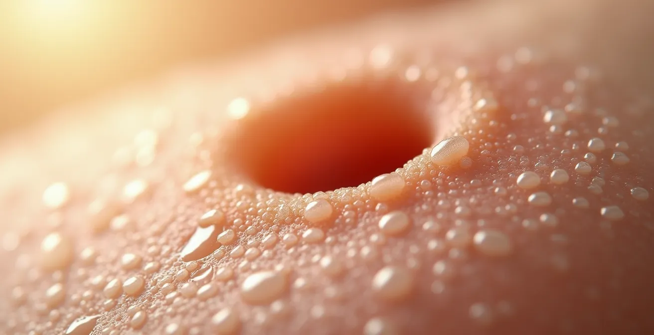 Visualisation microscopique d'un pore cutané avec molécules de BHA pénétrant le sébum