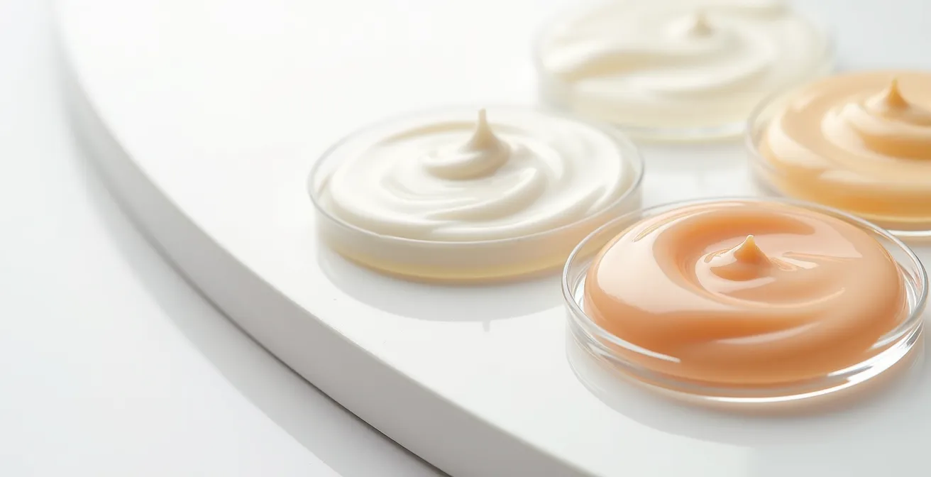 Gros plan sur différentes textures de soins cosmétiques montrant la progression du plus fluide au plus épais