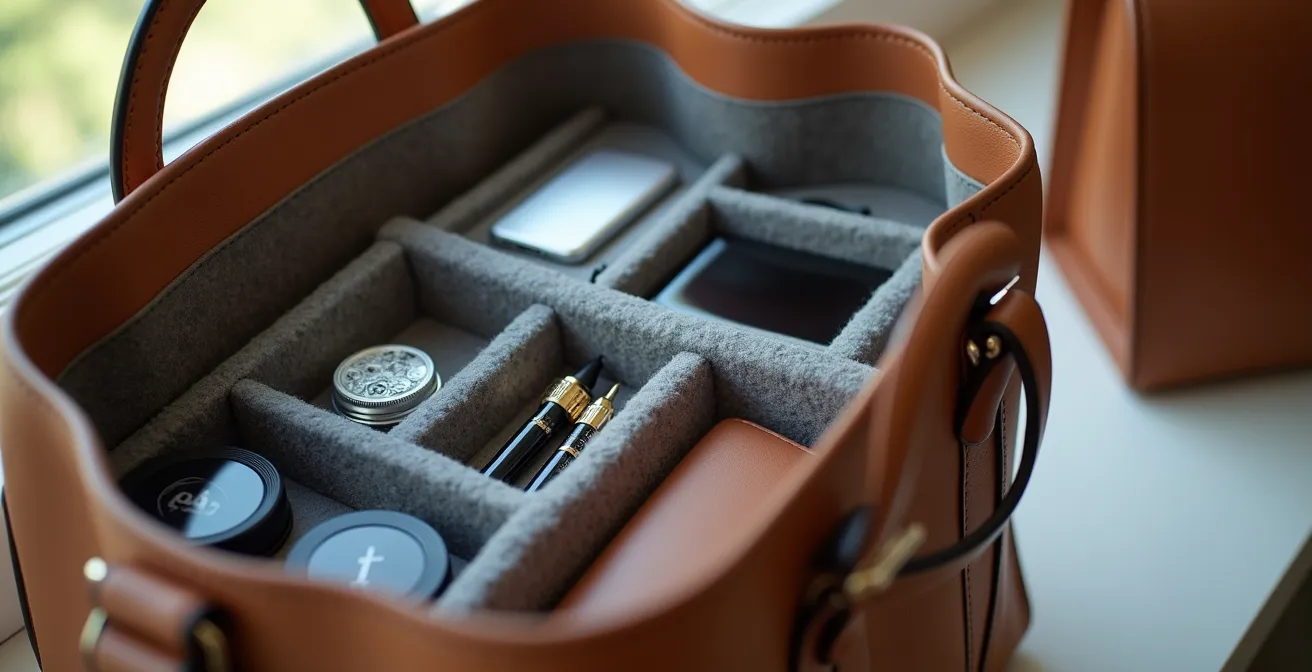 Gros plan sur l'intérieur organisé d'un sac de luxe avec compartiments en feutre