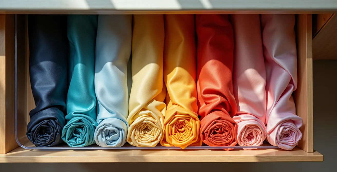 Vue aérienne d'un tiroir organisé avec des foulards classés par couleurs