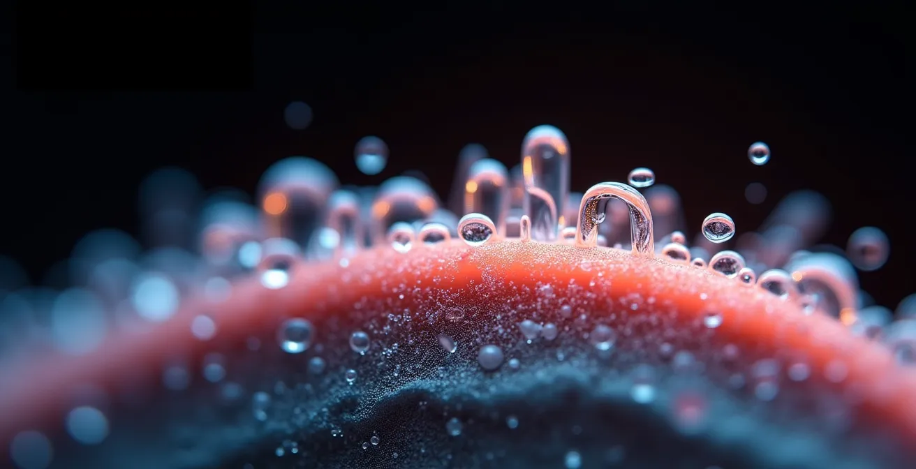 Vue microscopique d'un cheveu entouré d'une couche protectrice de polymères formant une barrière thermique