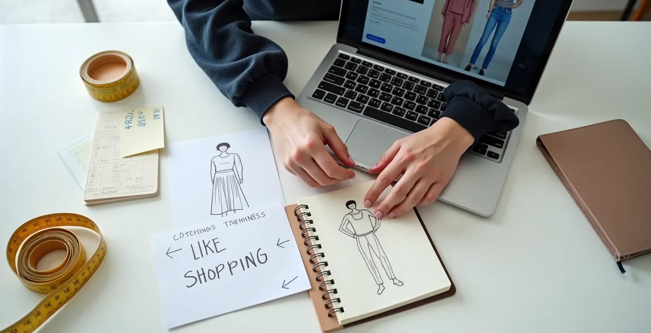 Vue aérienne d'un bureau minimaliste avec ordinateur portable montrant une boutique en ligne et notes manuscrites