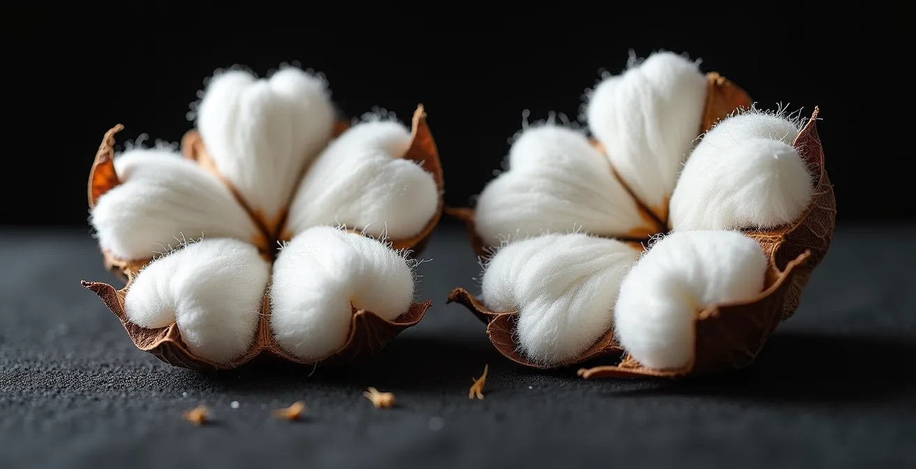 Makro-Vergleich von Bio-Baumwollfasern, der den Unterschied zwischen langen, glatten und kurzen, unebenen Fasern zeigt