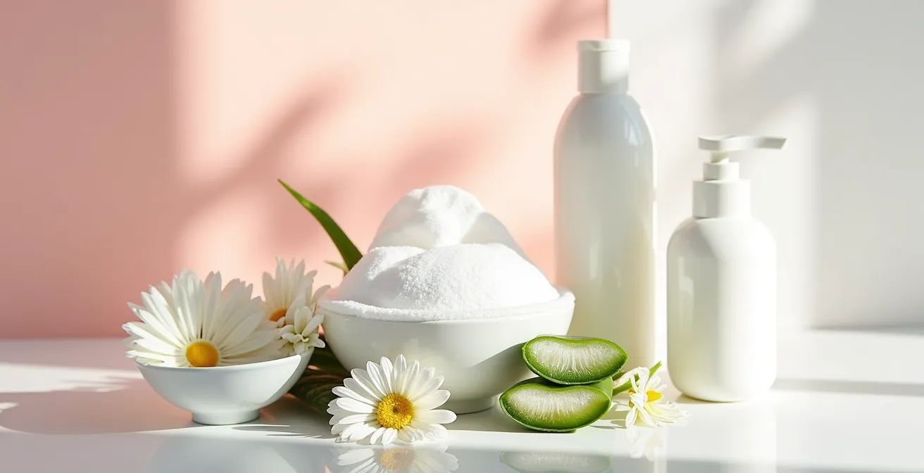 Produits de soin doux pour peau sensible avec rosacée disposés de manière minimaliste