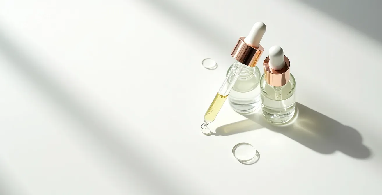 Vue aérienne de deux pipettes de sérum transparent sur fond minimaliste