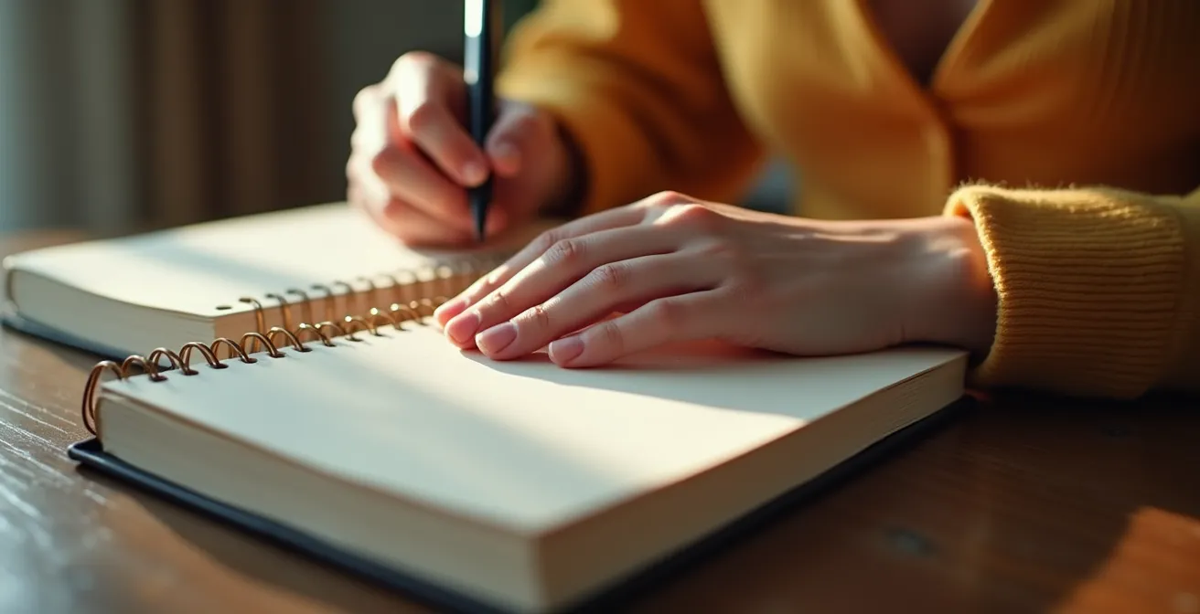 Personne tenant un journal de bord pour suivre l'évolution de sa peau pendant le traitement