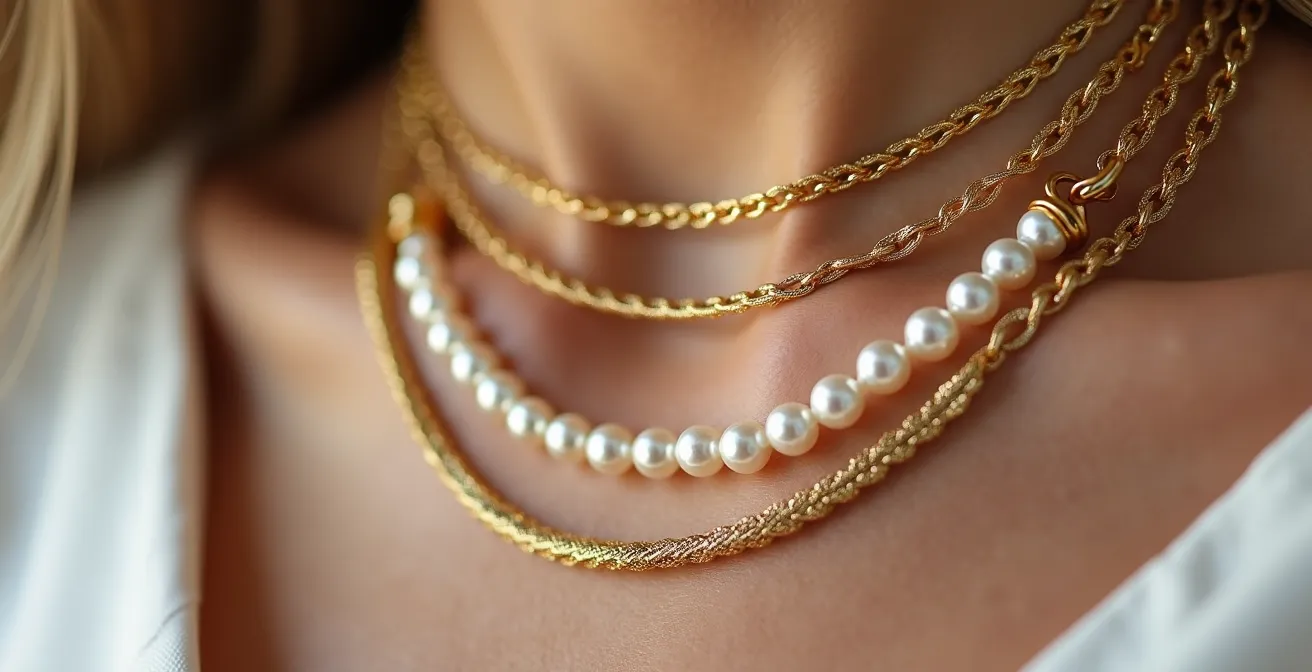 Gros plan sur trois colliers de longueurs différentes parfaitement étagés