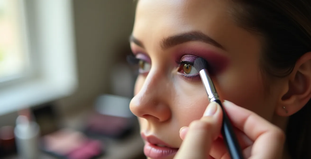 Démonstration en gros plan de la technique d'application Press & Roll sur une paupière avec un pinceau plat