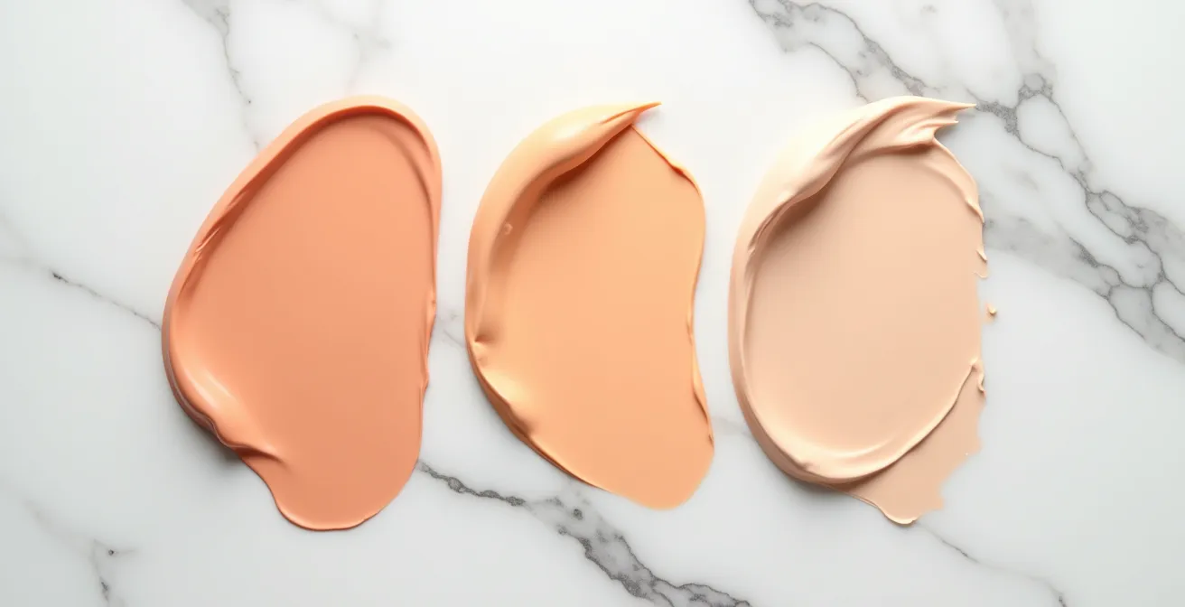 Gros plan sur trois correcteurs de teintes différentes posés sur une palette de maquillage