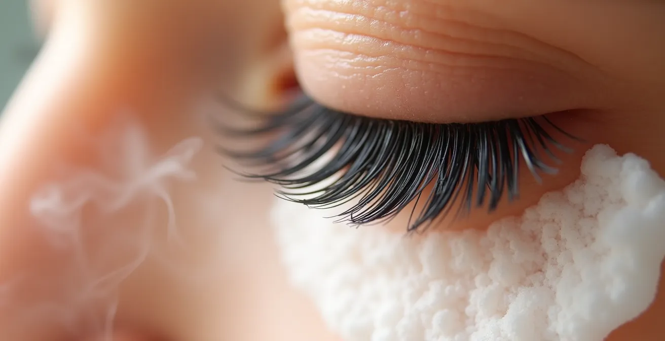 Gros plan sur un coton imbibé posé délicatement sur des cils