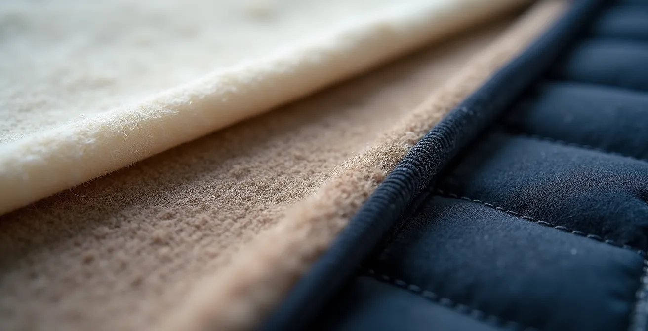 Nahaufnahme von elegant übereinander geschichteten, dünnen Stoffen in verschiedenen Texturen, die Wärme ohne Volumen demonstrieren.